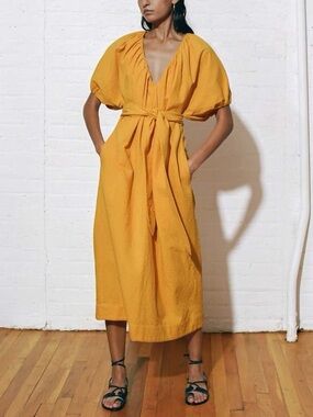 Mara Hoffman Alora Puff Sleeve Golden Mustard 100% Organic Belted Midi Dress XS